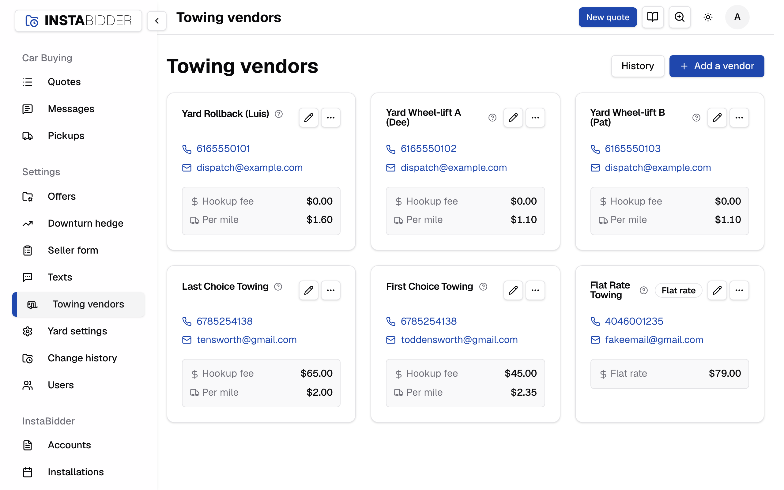 The Towing vendors page