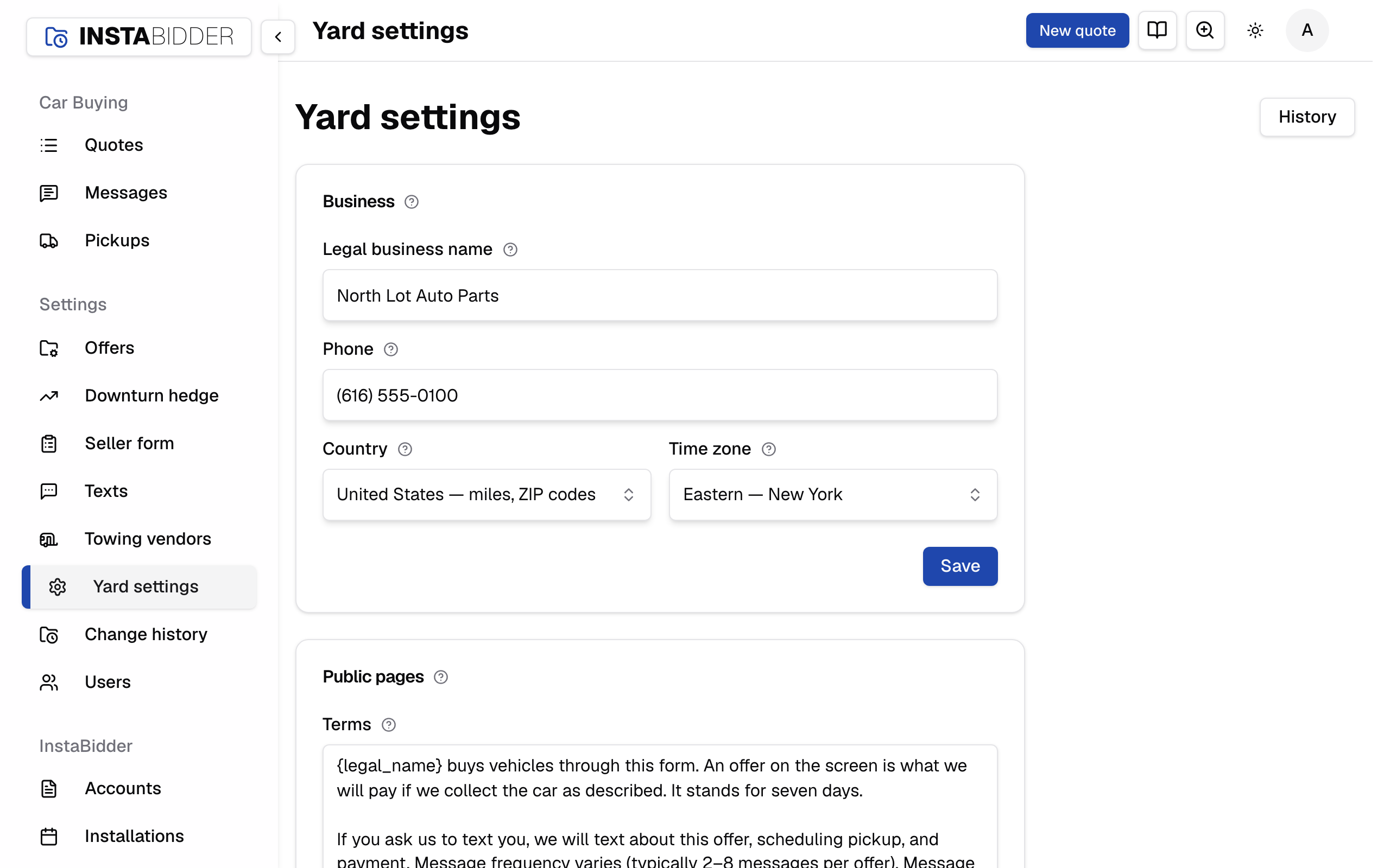 The Yard settings page